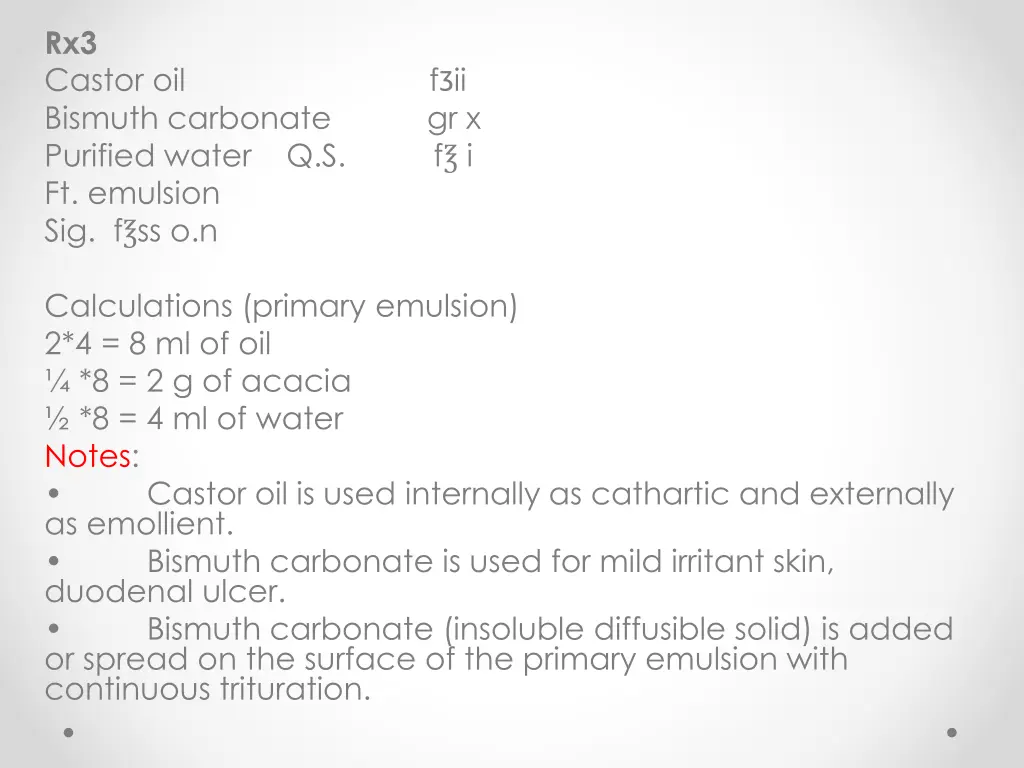 rx3 castor oil f ii bismuth carbonate