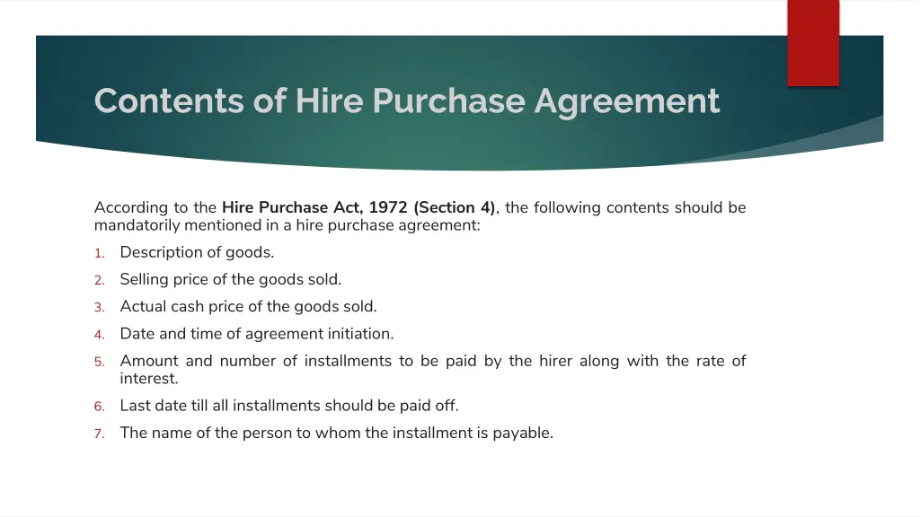 contents of hire purchase agreement