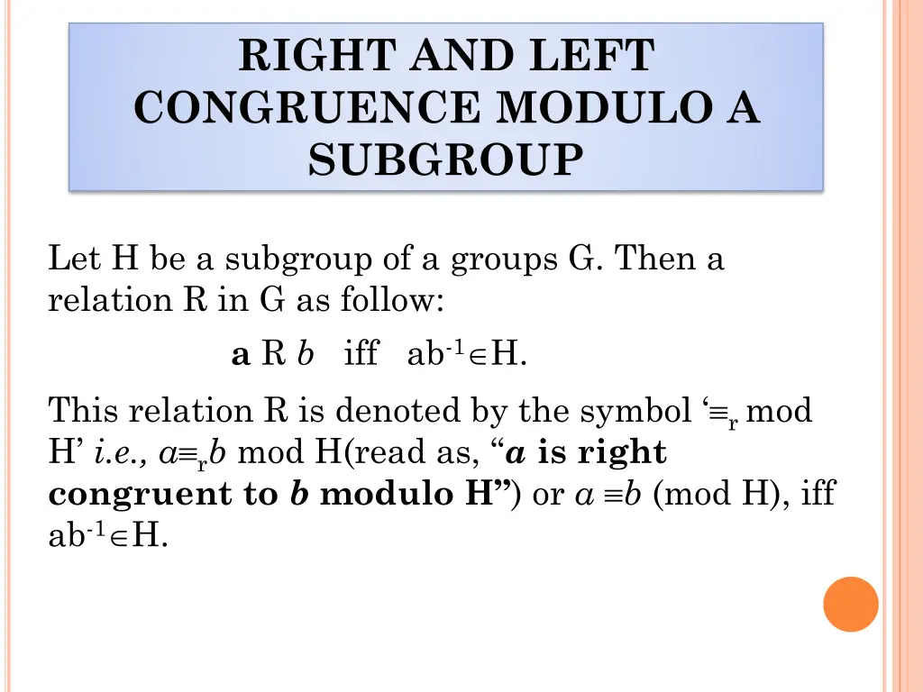 right and left congruence modulo a subgroup