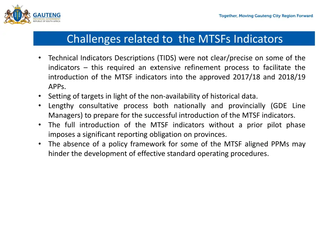 challenges related to the mtsfs indicators