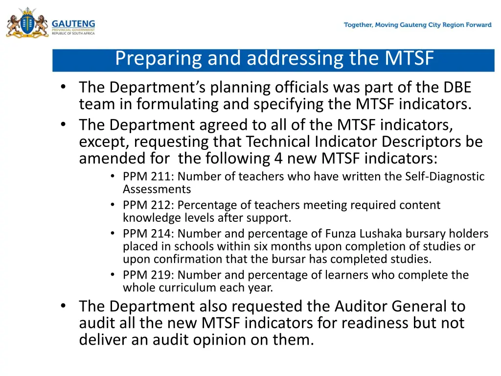 preparing and addressing the mtsf the department