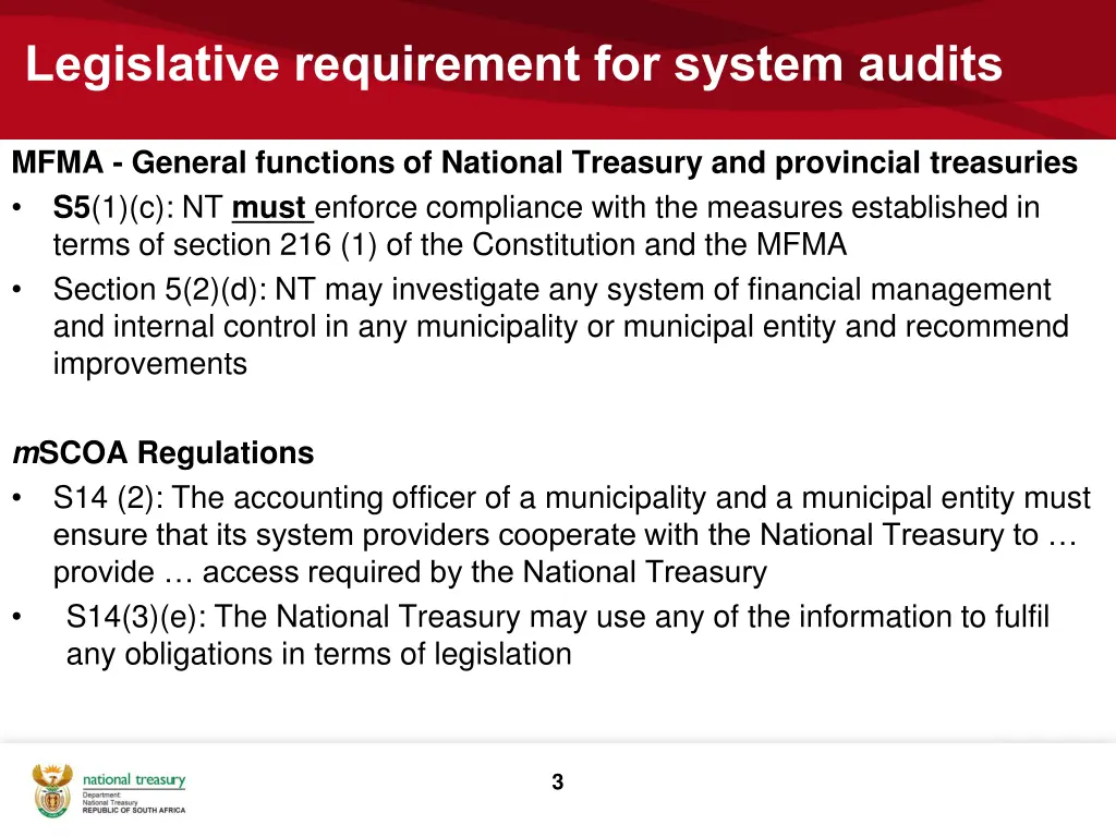 legislative requirement for system audits