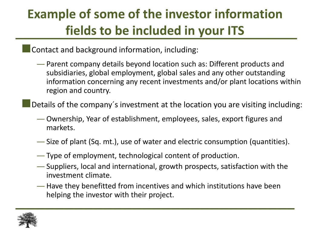 example of some of the investor information