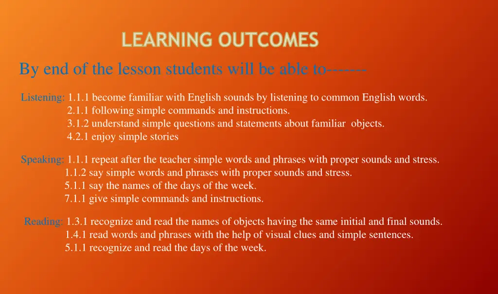 learning outcomes by end of the lesson students