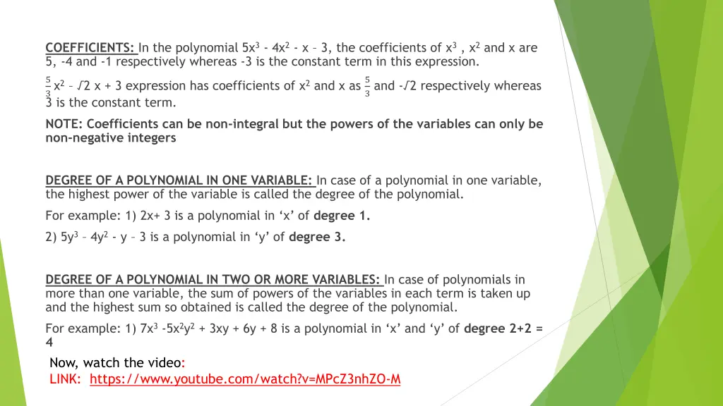 coefficients in the polynomial