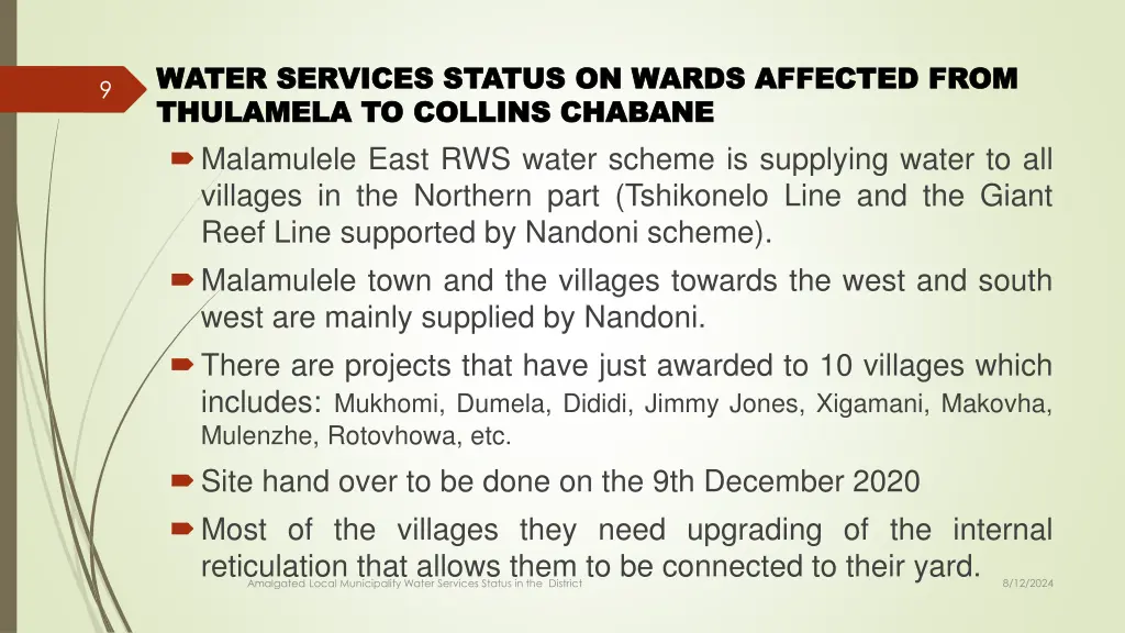 water services status on wards affected from 1