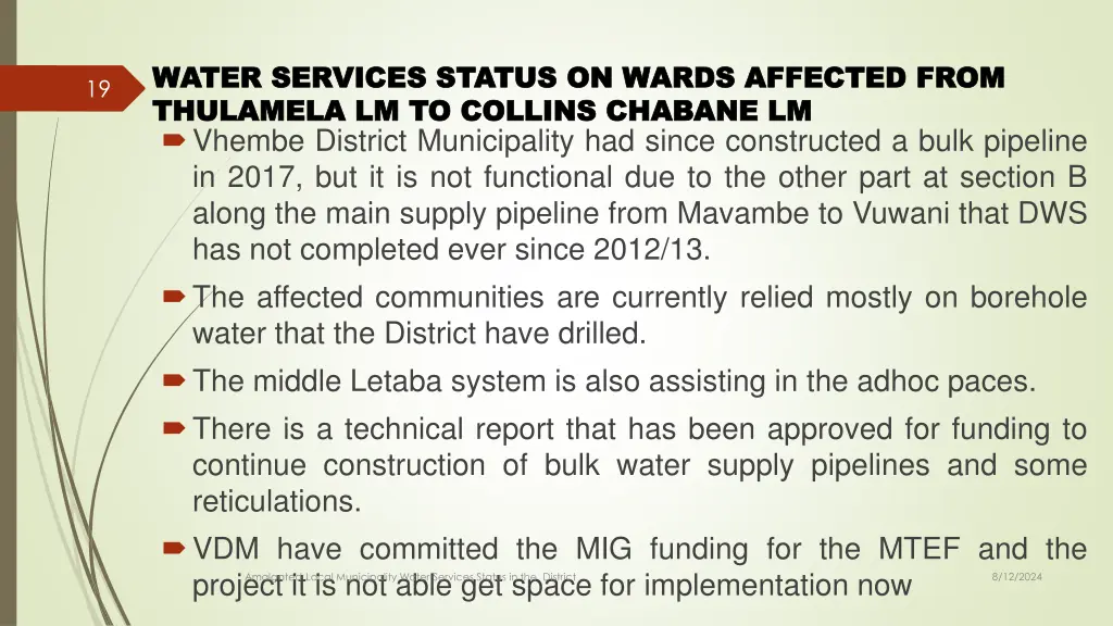 water services status on wards affected from 10