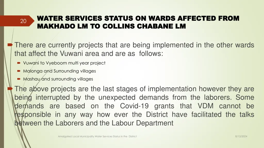 water services status on wards affected from 11