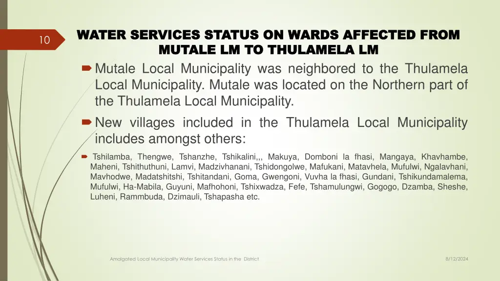 water services status on wards affected from 2