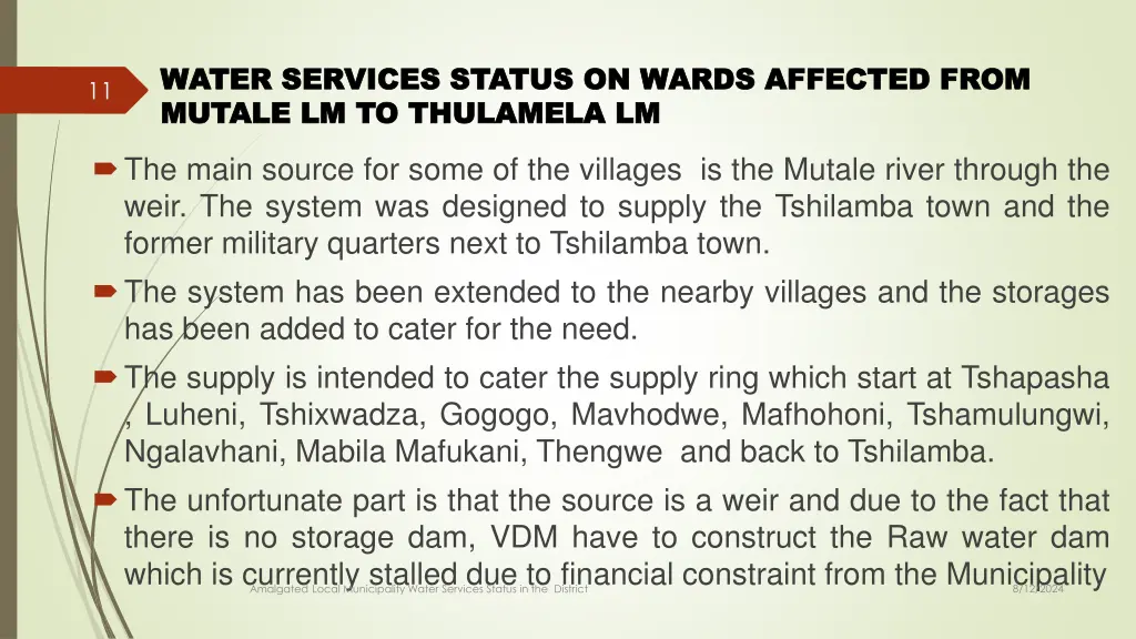 water services status on wards affected from 3