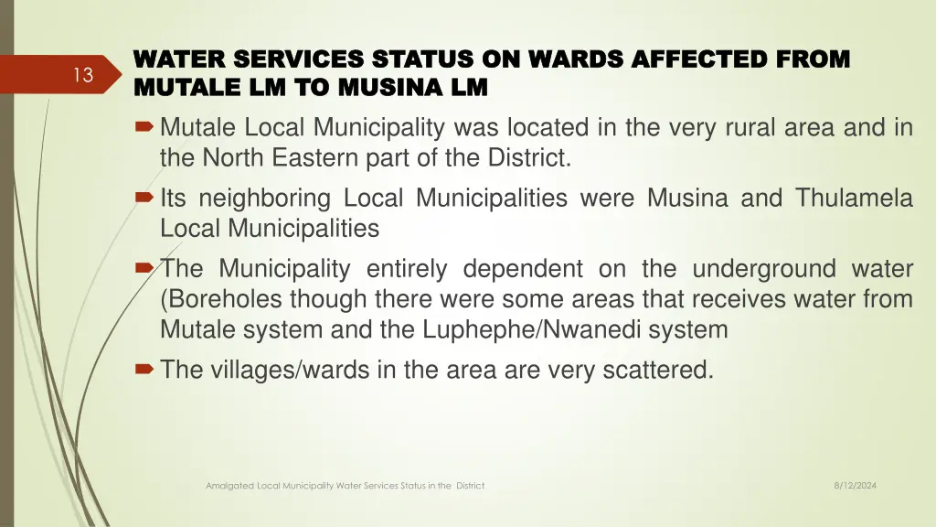 water services status on wards affected from 5