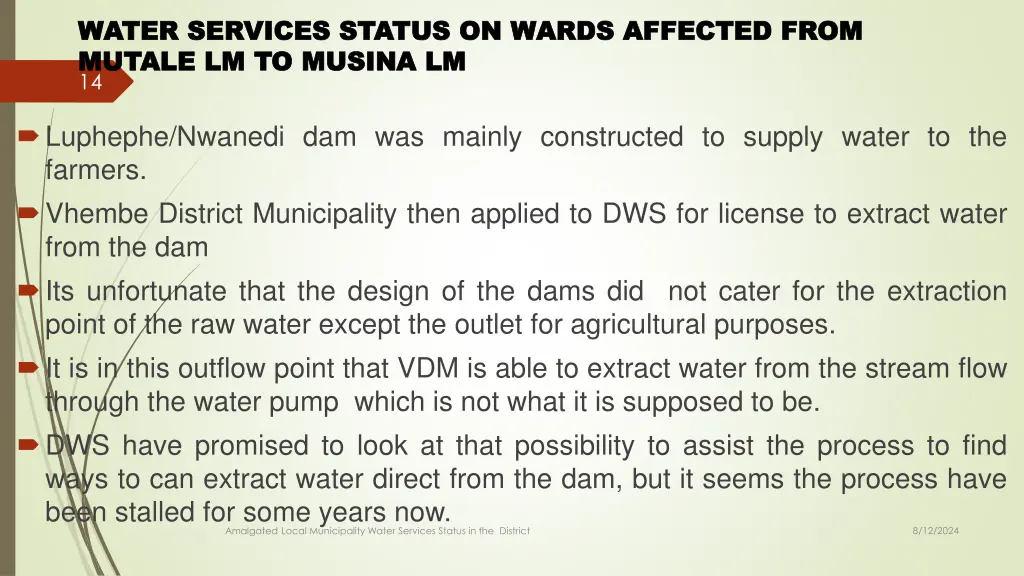 water services status on wards affected from 6