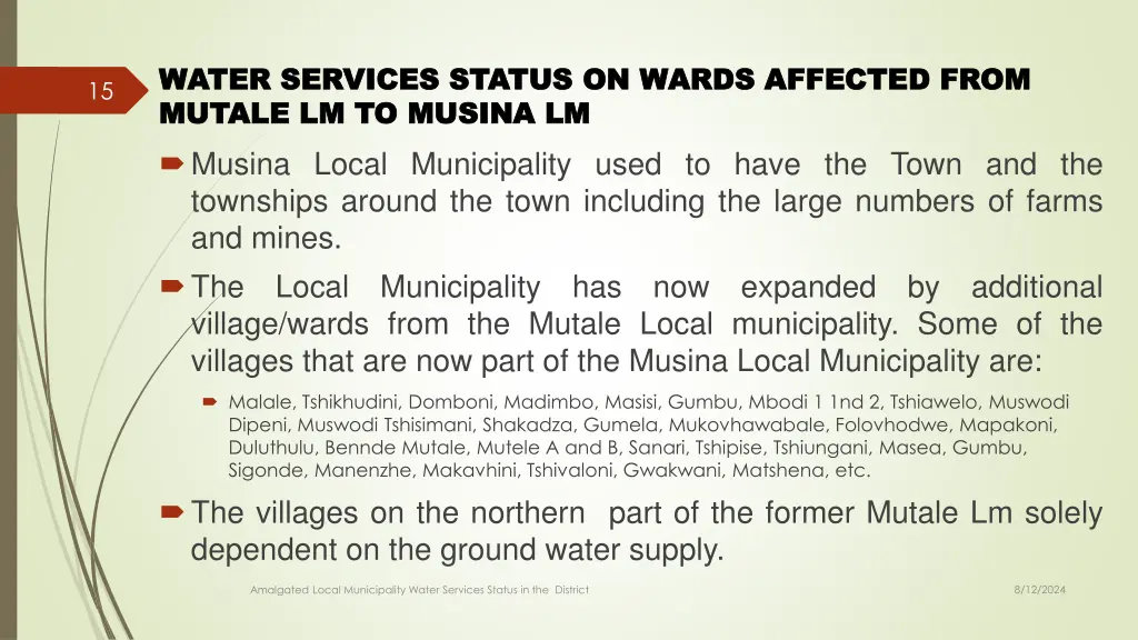 water services status on wards affected from 7