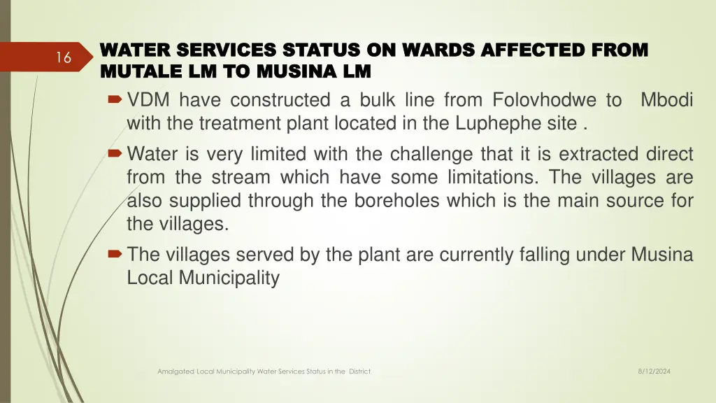 water services status on wards affected from 8