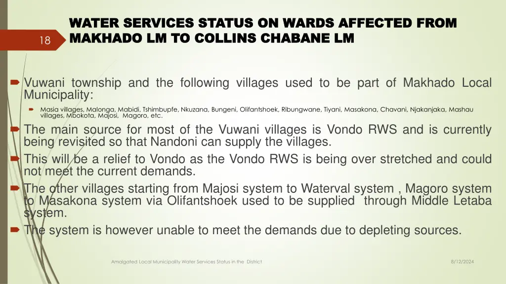 water services status on wards affected from 9