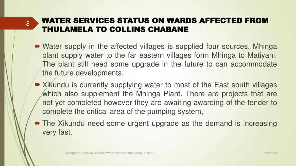 water services status on wards affected from