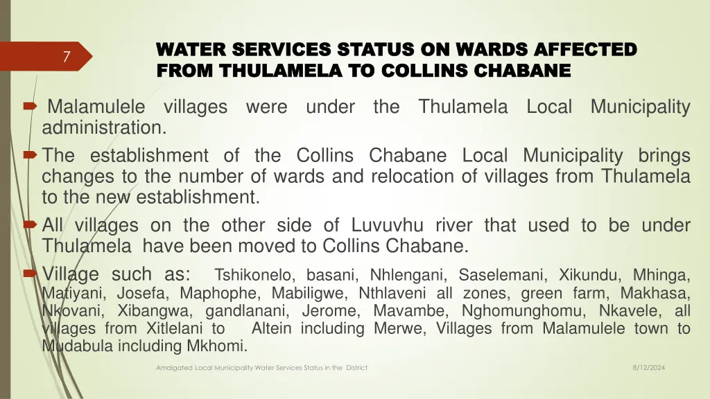 water services status on wards affected water