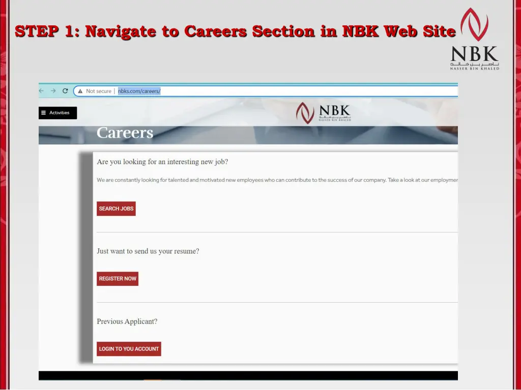 step 1 navigate to careers section in nbk web site