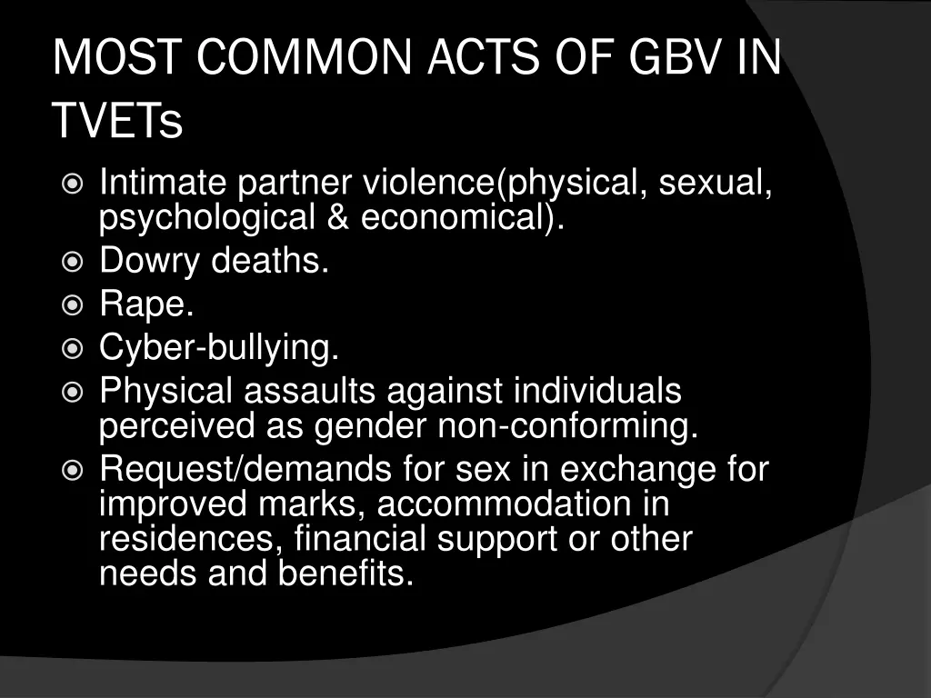 most common acts of gbv in tvets intimate partner