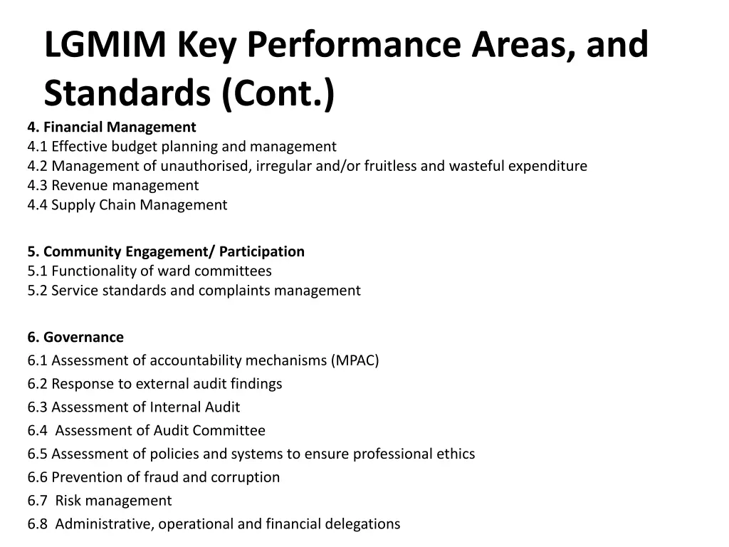 lgmim key performance areas and standards cont