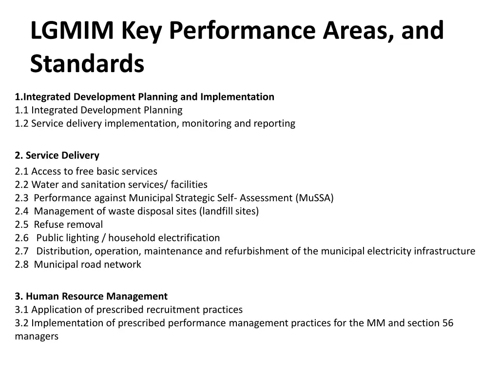 lgmim key performance areas and standards