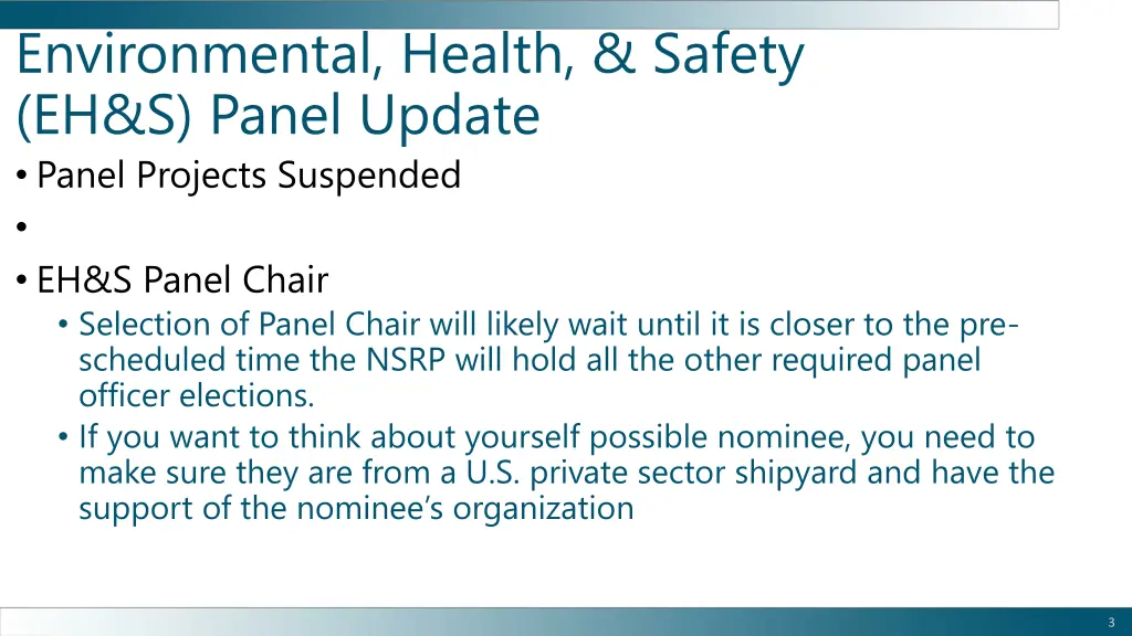 environmental health safety eh s panel update