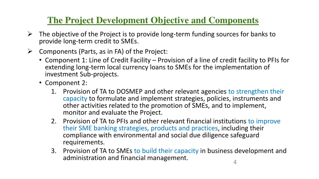 the project development objective and components