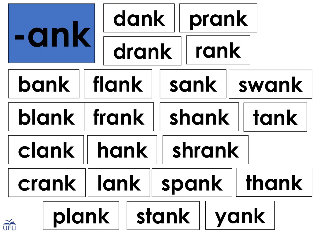 dank drank flank frank hank lank plank