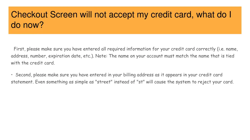 checkout screen will not accept my credit card