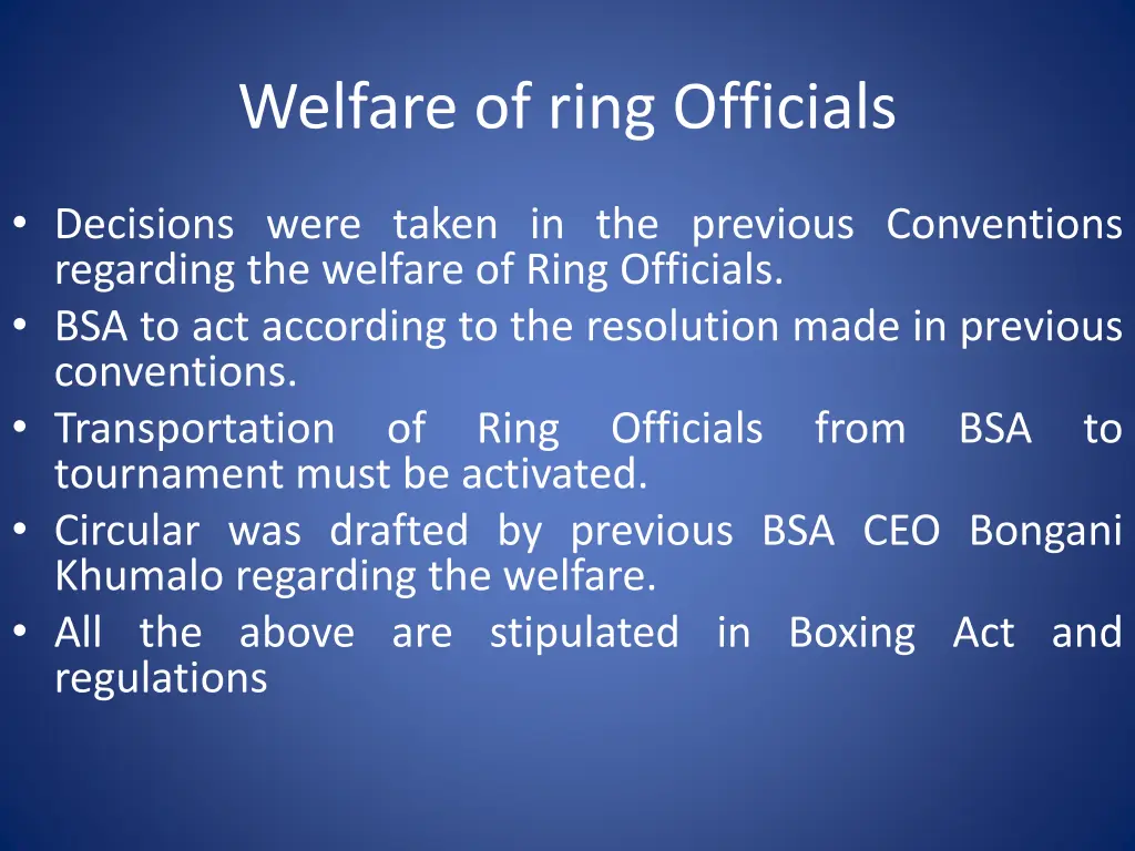 welfare of ring officials