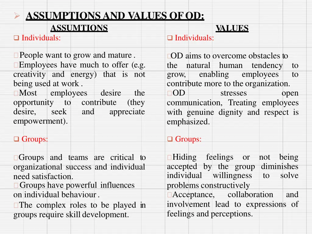 assumptions and values ofod assumtions individuals