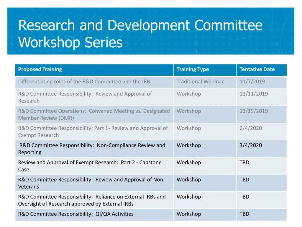 research and development committee workshop series