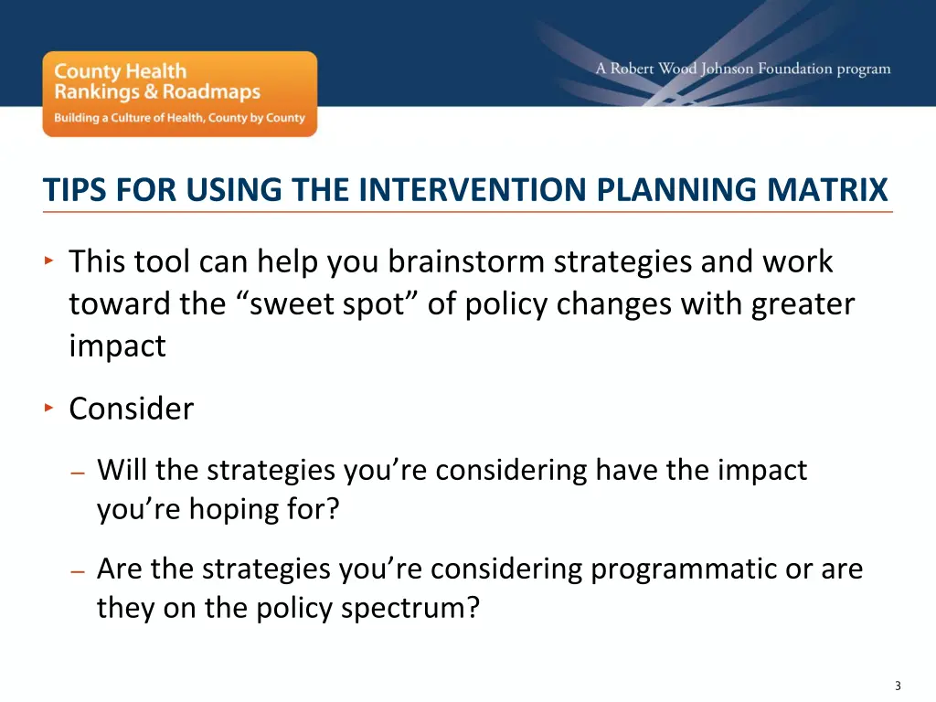 tips for using the intervention planning matrix