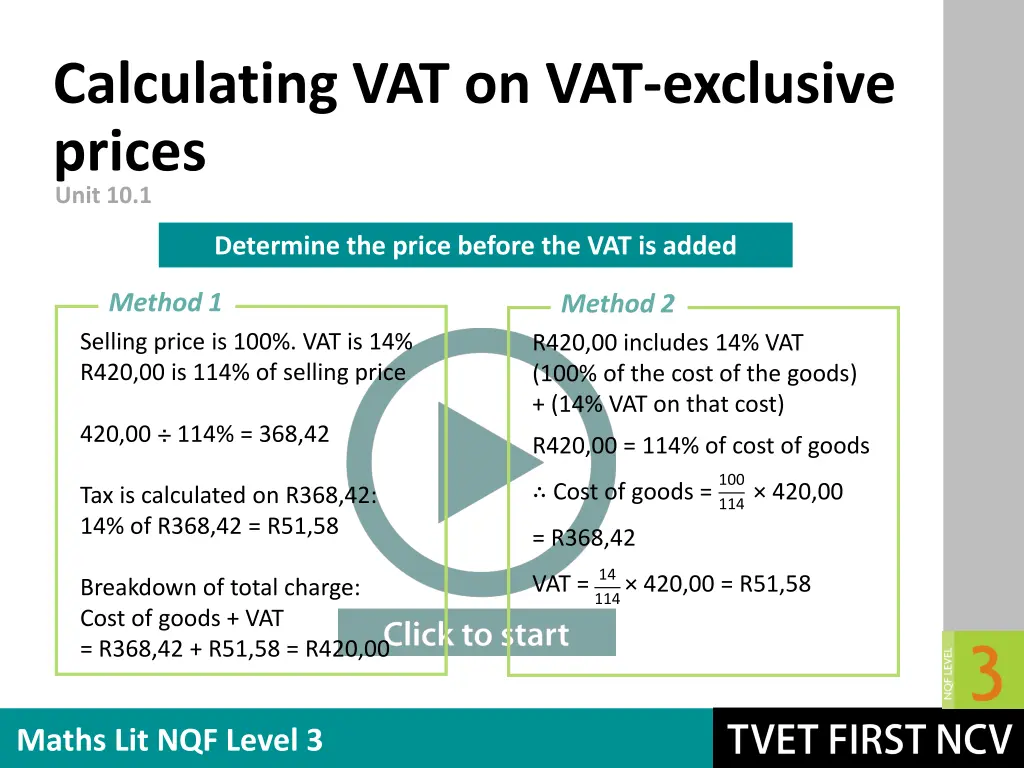 calculating vat on vat exclusive prices unit 10 1 1