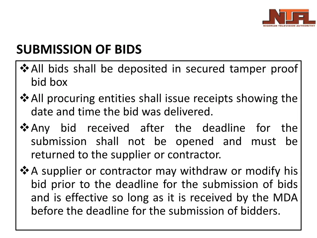 submission of bids all bids shall be deposited