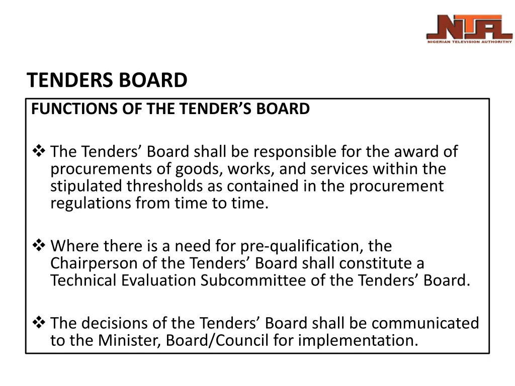 tenders board functions of the tender s board