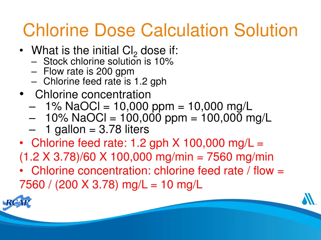 chlorine dose calculation solution what