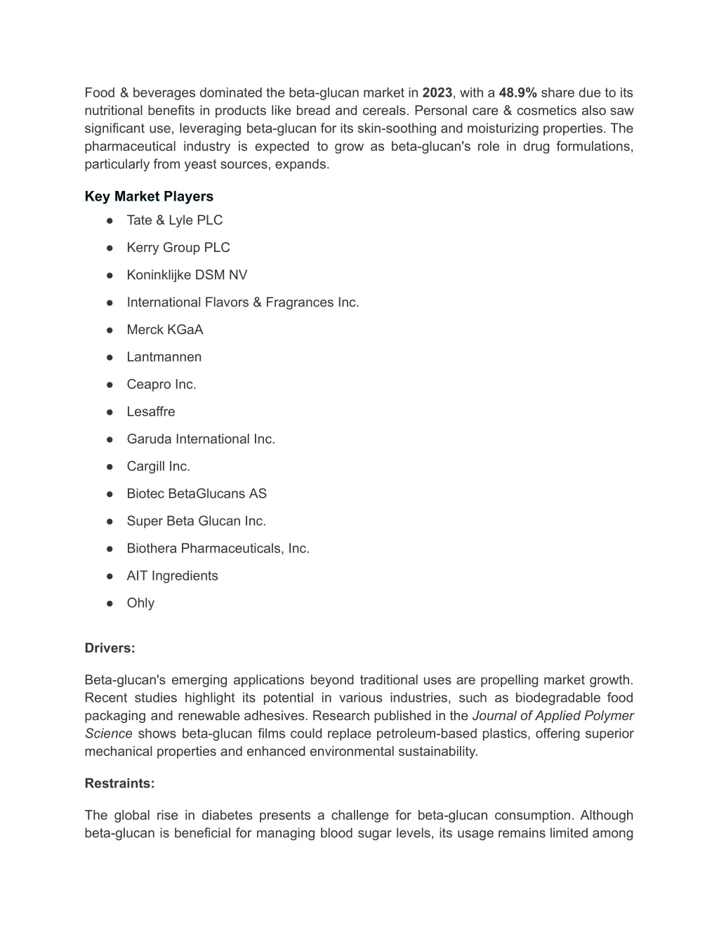 food beverages dominated the beta glucan market