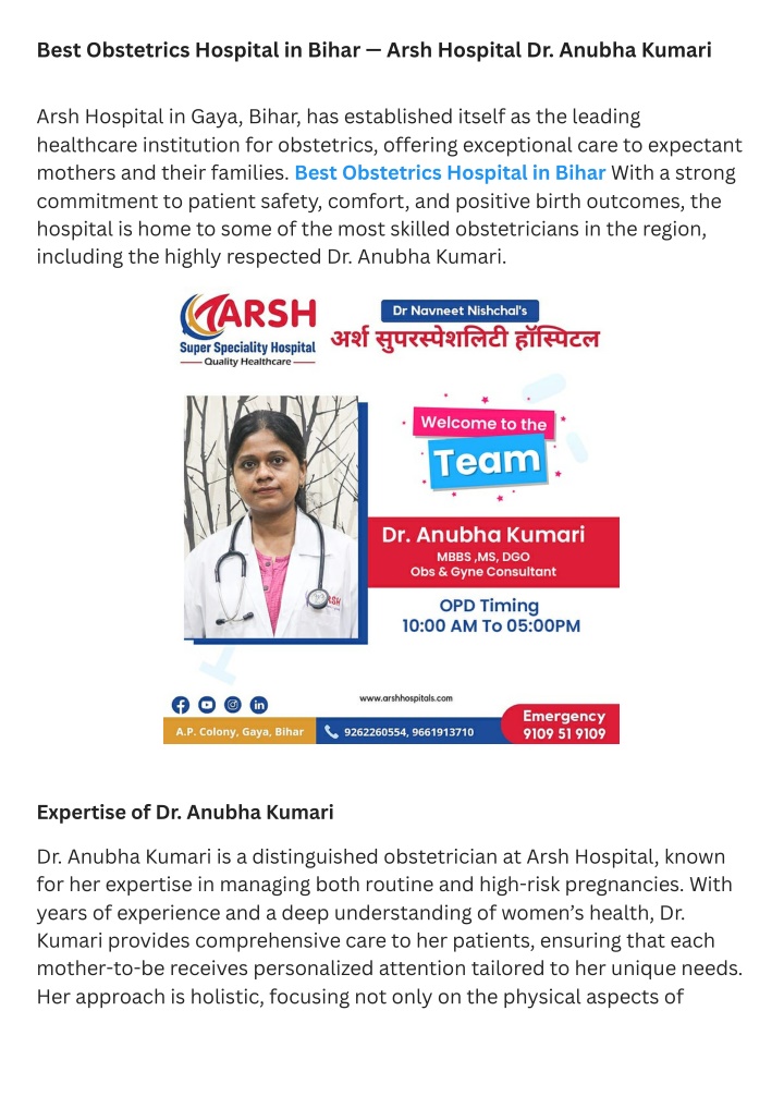 best obstetrics hospital in bihar arsh hospital