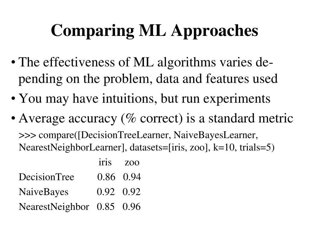 comparing ml approaches