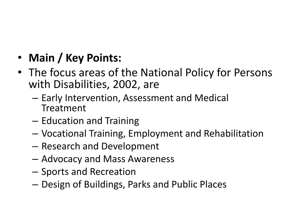 main key points the focus areas of the national