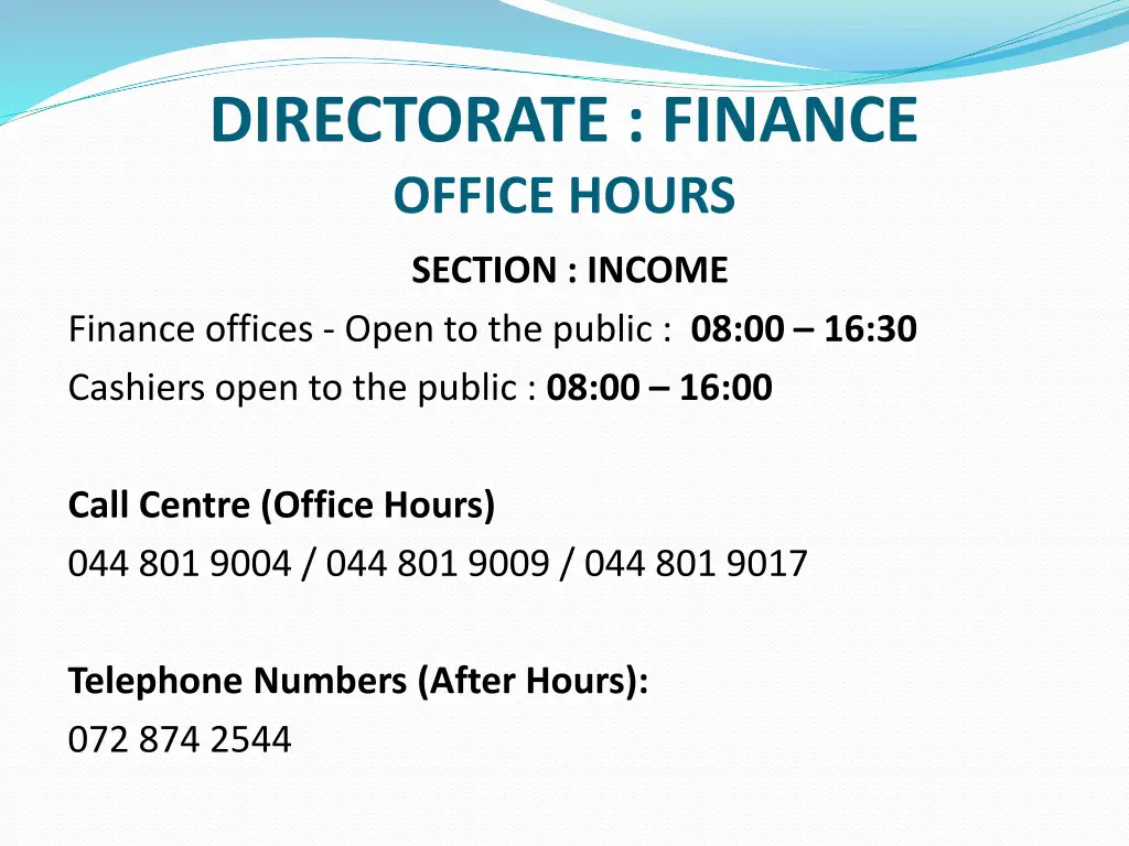 directorate finance office hours