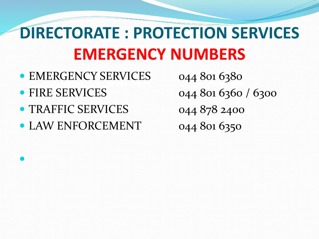 directorate protection services emergency numbers