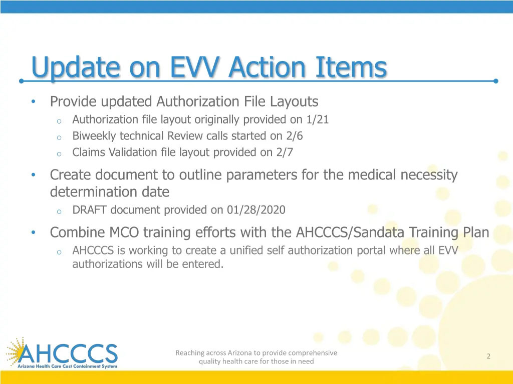 update on evv action items