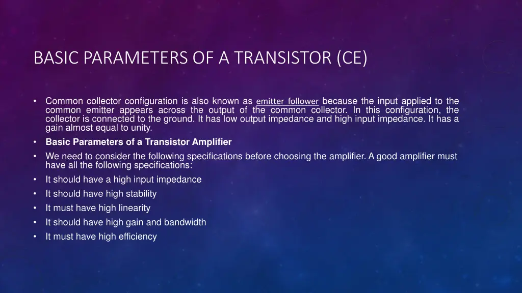 basic parameters of a transistor ce