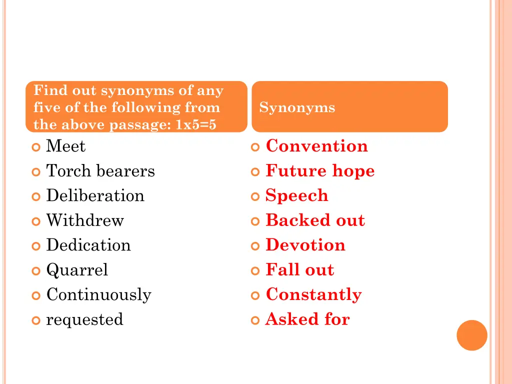 find out synonyms of any five of the following