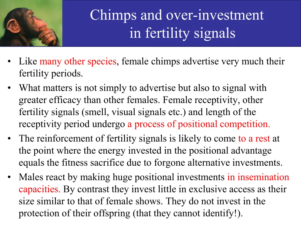 chimps and over investment in fertility signals