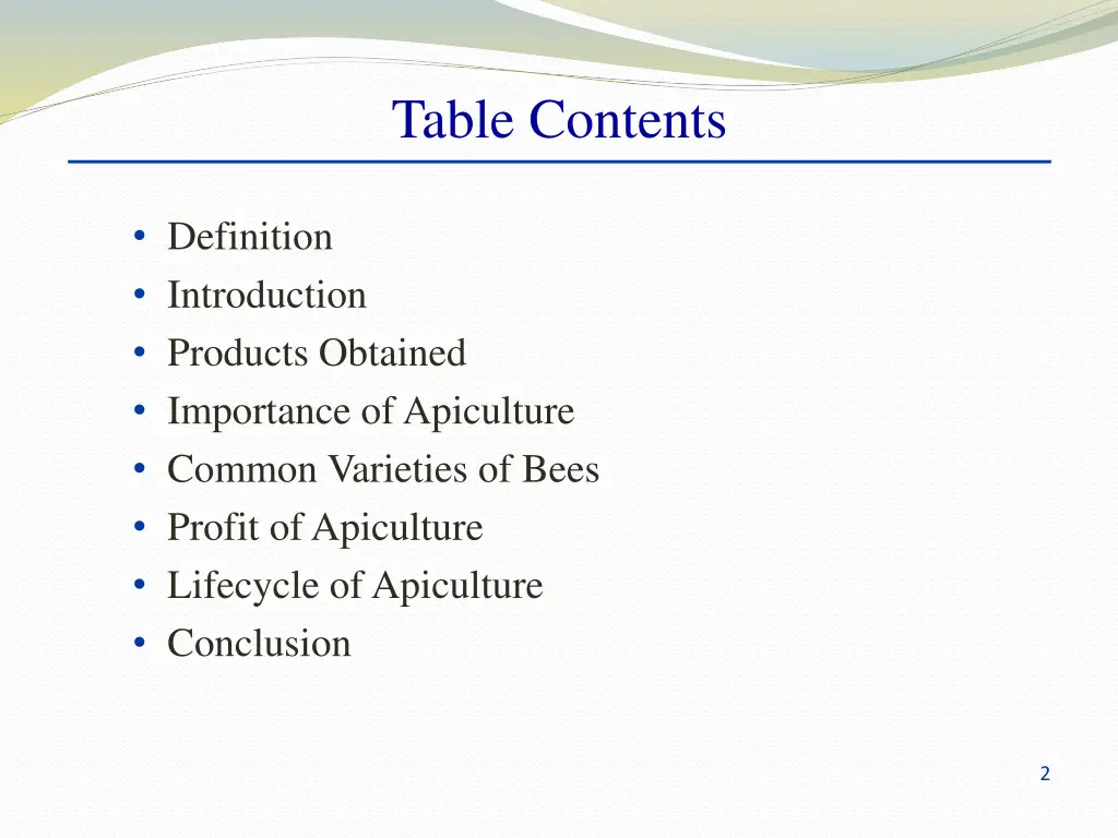 table contents