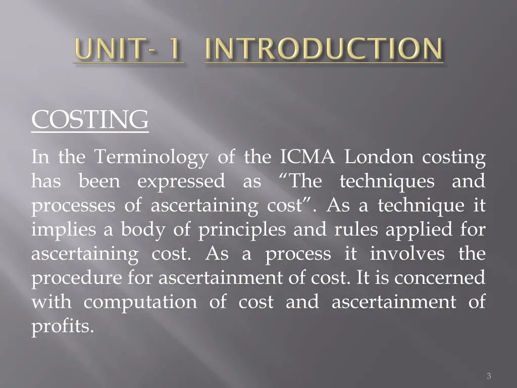 costing in the terminology of the icma london