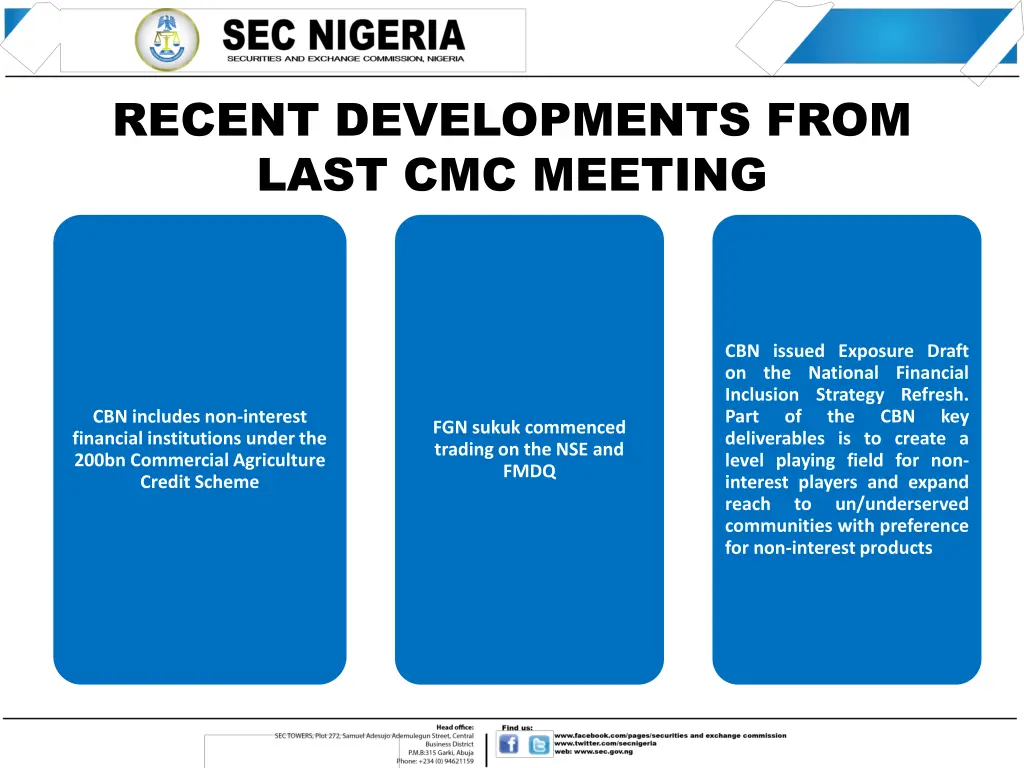 recent developments from last cmc meeting